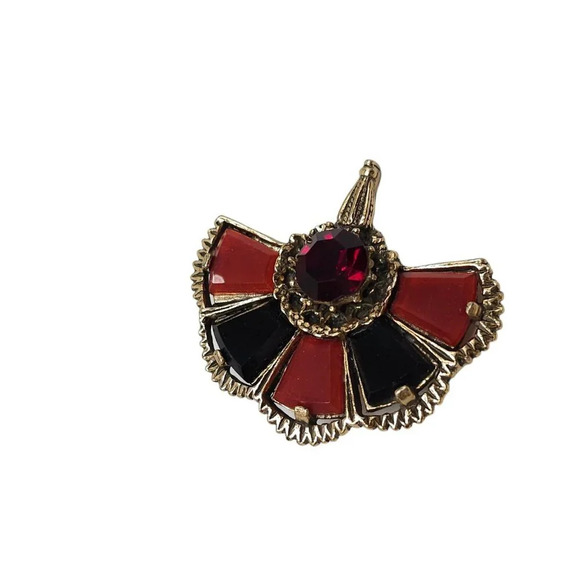 MIRACLE Black Red Gemstone Fan Brooch Pin Gold Tone Vintage Celtic - Picture 2 of 6